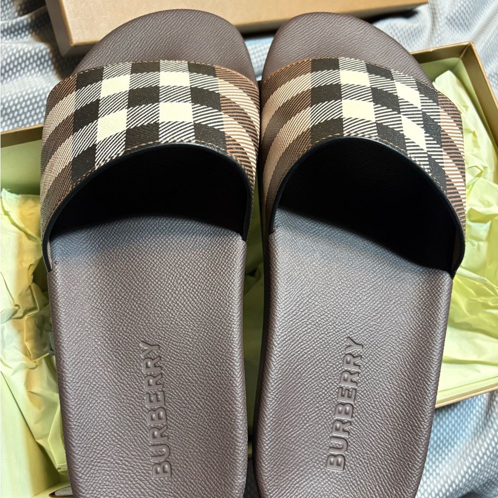 Burberry Plaid Slide Sandals in Black and Cream